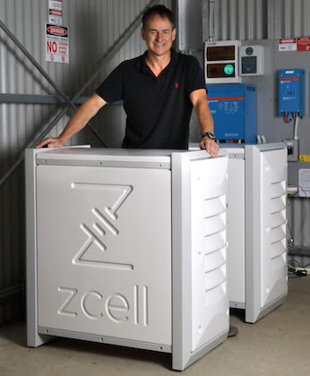 Alan Noble with his ZCell batteries at his property at Willunga, south of Adelaide